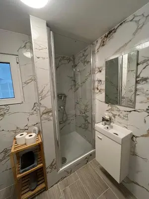 a bathroom with a shower and a sink at Studio n1 Bruxelles Centre Ville in Brussels
