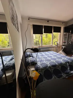 a bedroom with a bed and two windows at Luxe Serene Residence in Brussels