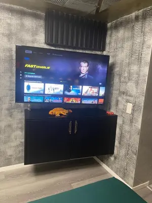 a flat screen tv sitting on top of a black cabinet at Jungle suite romantic - private Jacuzzi - in Brussels