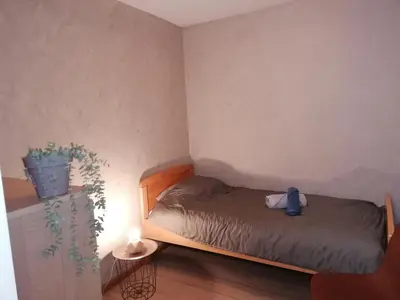 a small bedroom with a bed and a plant at Antwerp horizon in Borsbeek