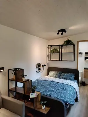 a bedroom with a bed with a blue comforter at Zen huisje in Turnhout