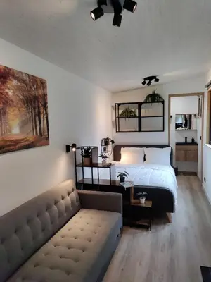 a bedroom with a bed and a couch at Zen huisje in Turnhout