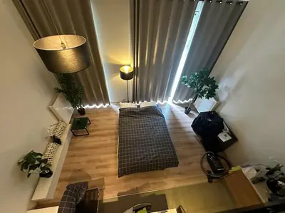 an overhead view of a living room with a couch at cozy casa d'anvers op een unieke toplocatie in Antwerp