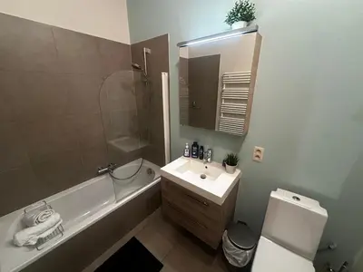 a bathroom with a sink and a tub and a toilet at cozy casa d'anvers op een unieke toplocatie in Antwerp