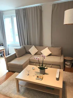 a living room with a couch and a coffee table at Beautiful 2 bedroom apartment in Place Flagey bxl in Brussels