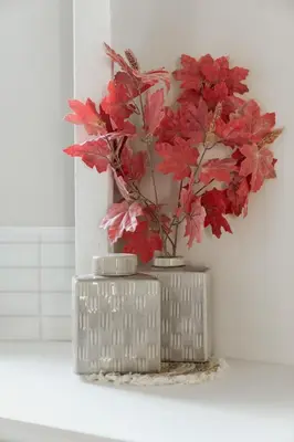 a red plant in a vase on a table at Mooi licht appartement in bruisend Antwerpen! in Antwerp
