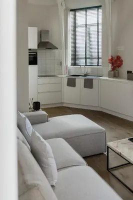 a living room with two couches and a kitchen at Mooi licht appartement in bruisend Antwerpen! in Antwerp