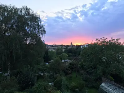 a sunset over a city with trees and buildings at B&B Woluwé in Brussels