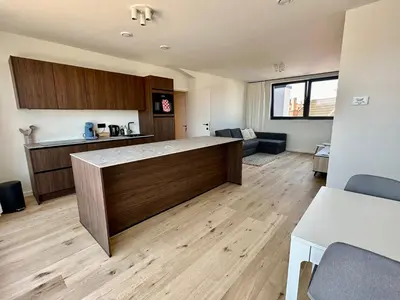 a kitchen and living room with a counter top at Ghent Penthouse in Ghent