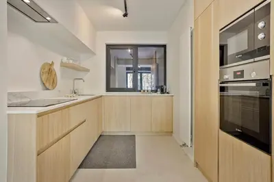 a kitchen with wooden cabinets and a sink and a window at Deluxe 2-BR Apartment in Antwerp in Antwerp
