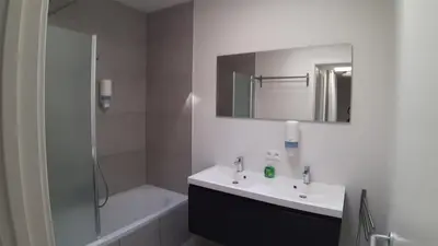 a bathroom with a sink and a shower and a mirror at Brussels Base Camp in Brussels