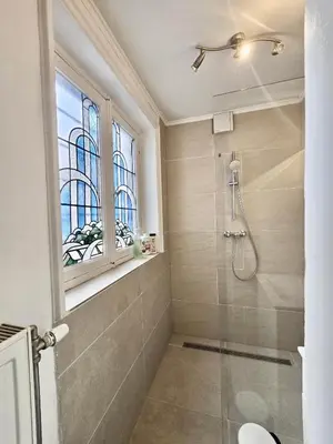 a bathroom with a shower and a window at Résidence Marianne in Brussels
