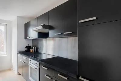 a kitchen with black cabinets and a black counter top at Brussels Flagey Elegant in Brussels