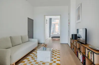a living room with a couch and a tv at Brussels Flagey Elegant in Brussels