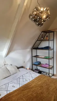 a bedroom with a bed and a chandelier at Het Horzelend, oase van rust in een fietsparadijs in Retie