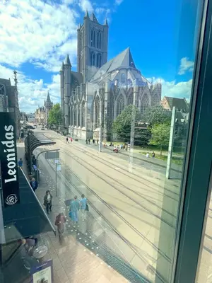 a view of a cathedral from a window of a building at Apartment in the Heart of Ghent with Fantastic Views in Ghent