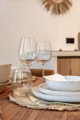 a table with three wine glasses and plates on it at Perfect-Stay in Antwerp
