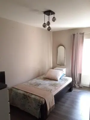 a bedroom with a bed and a mirror on the wall at Holiday in de kempen in Turnhout