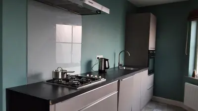 a kitchen with a stove and a counter top at Holiday in de kempen in Turnhout