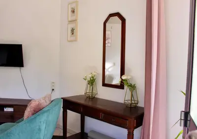 a living room with a mirror and a table with flowers at Cozy private suite in Ghent