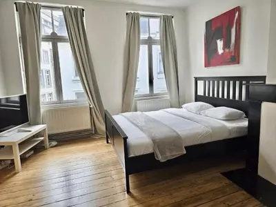 a bedroom with a bed and two windows at Résidence Marianne 2 in Brussels