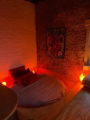 a bedroom with a bed with red pillows and a brick wall at t'PK in Antwerp
