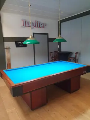 a pool table in a room with two lights at De Baolse Herberg in Baarle-Hertog