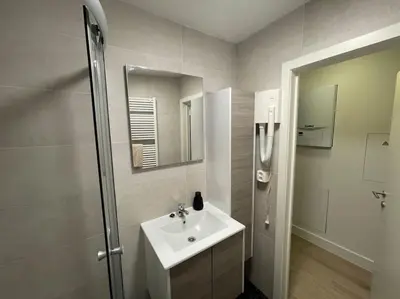 a white bathroom with a sink and a shower at E&L Appartement in Willebroek
