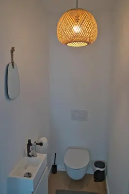 a bathroom with a toilet and a sink and a chandelier at Vakantiewoning DRP29 in Zelem