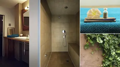 three pictures of a bathroom with a shower and a sink at Lounge in the Intimate Urban Garden at a Retro Getaway in Ghent