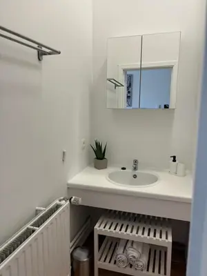 a bathroom with a sink and a mirror at Studio Nour in Brussels