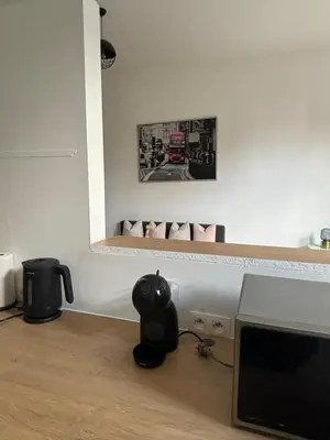 a room with a desk with a television and a mirror at Studio Nour in Brussels