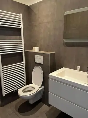 a bathroom with a white toilet and a sink at Beautiful apartment Antwerp in Antwerp