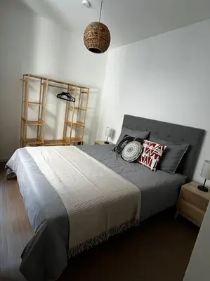 a bedroom with a large bed with pillows on it at Beautiful apartment Antwerp in Antwerp