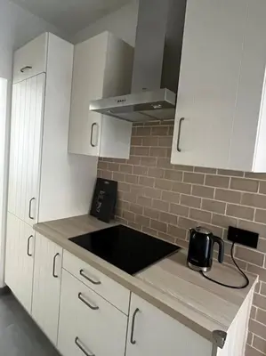 a kitchen with white cabinets and a black sink at Beautiful apartment Antwerp in Antwerp
