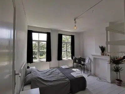 a bedroom with a bed and two windows at Private room near Gravensteen in Ghent