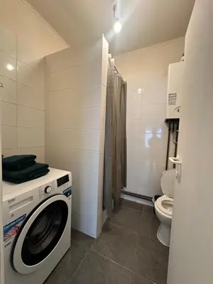 a bathroom with a washing machine and a toilet at Authentique appartement in Brussels