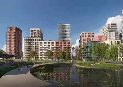 a rendering of a city with a pond and buildings at visit Brussels city in Brussels