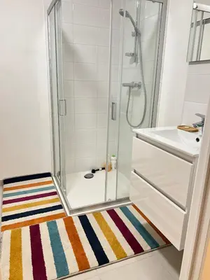 a bathroom with a shower and a rug at visit Brussels city in Brussels