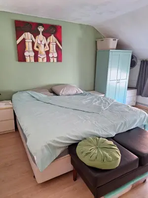 a bedroom with a bed and a painting on the wall at Cozy house in Ghent