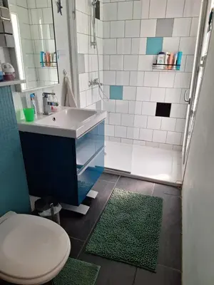 a bathroom with a white toilet and a sink at Cozy house in Ghent
