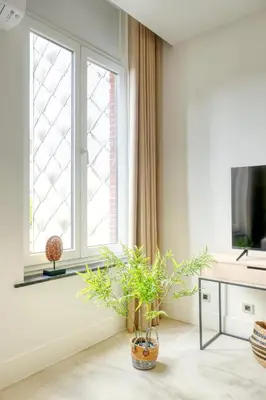 a living room with a window and two plants at Garden View Apt in Ghent in Ghent