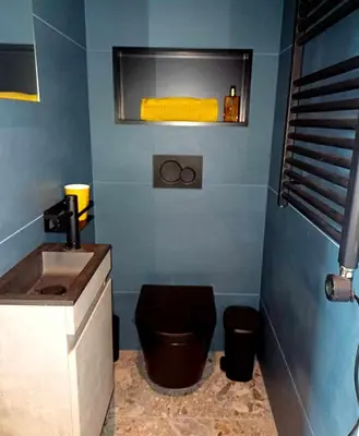 a blue bathroom with a toilet and a sink at ' t Geel Huizeken - B&B - koffiehuis in Denderleeuw