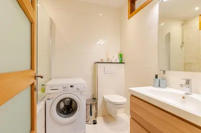 a bathroom with a washing machine and a sink at Le Joyau à Etterbeek in Brussels