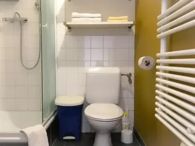 a small bathroom with a toilet and a shower at Chère Anna City Center New Top location in Ghent