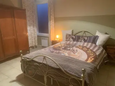 a bedroom with a large bed with a wooden cabinet at Twisted Willow in Dendermonde