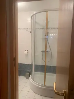 a bathroom with a glass shower with a toilet at Twisted Willow in Dendermonde