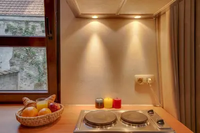 a kitchen with a stove and a bowl of fruit at Grand Place Charbon Residence in Brussels