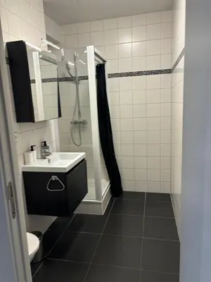 a bathroom with a sink and a shower at Beautiful apartment in City Center in Brussels