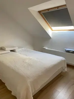 a bedroom with a white bed with a ceiling at Apartment Antwerp City center #003 in Antwerp
